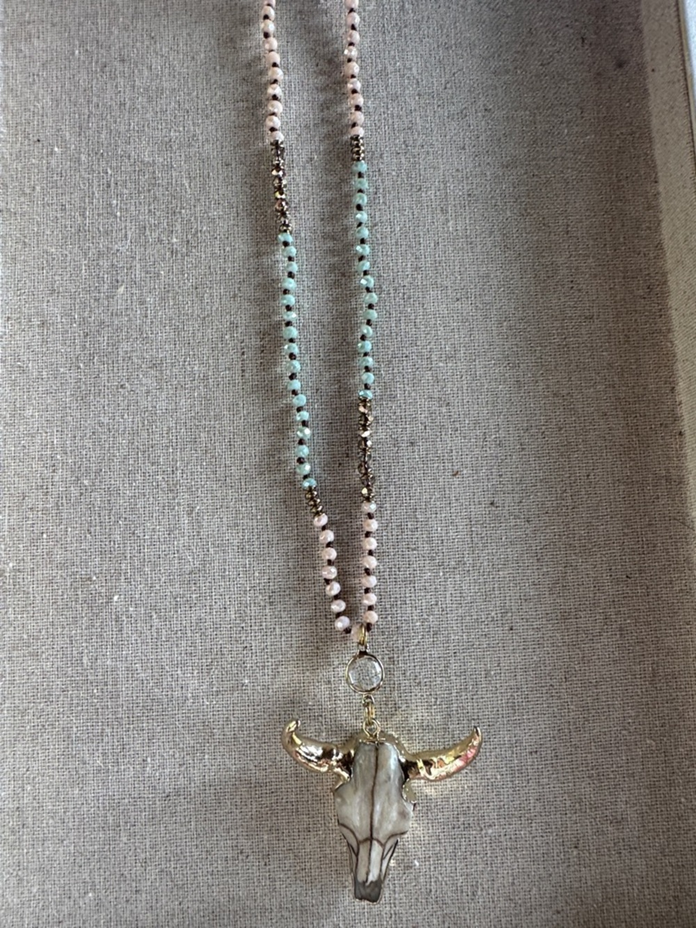 Handcrafted Turquoise & Pink Beaded Bull Skull Pendant Necklace.  34 inches